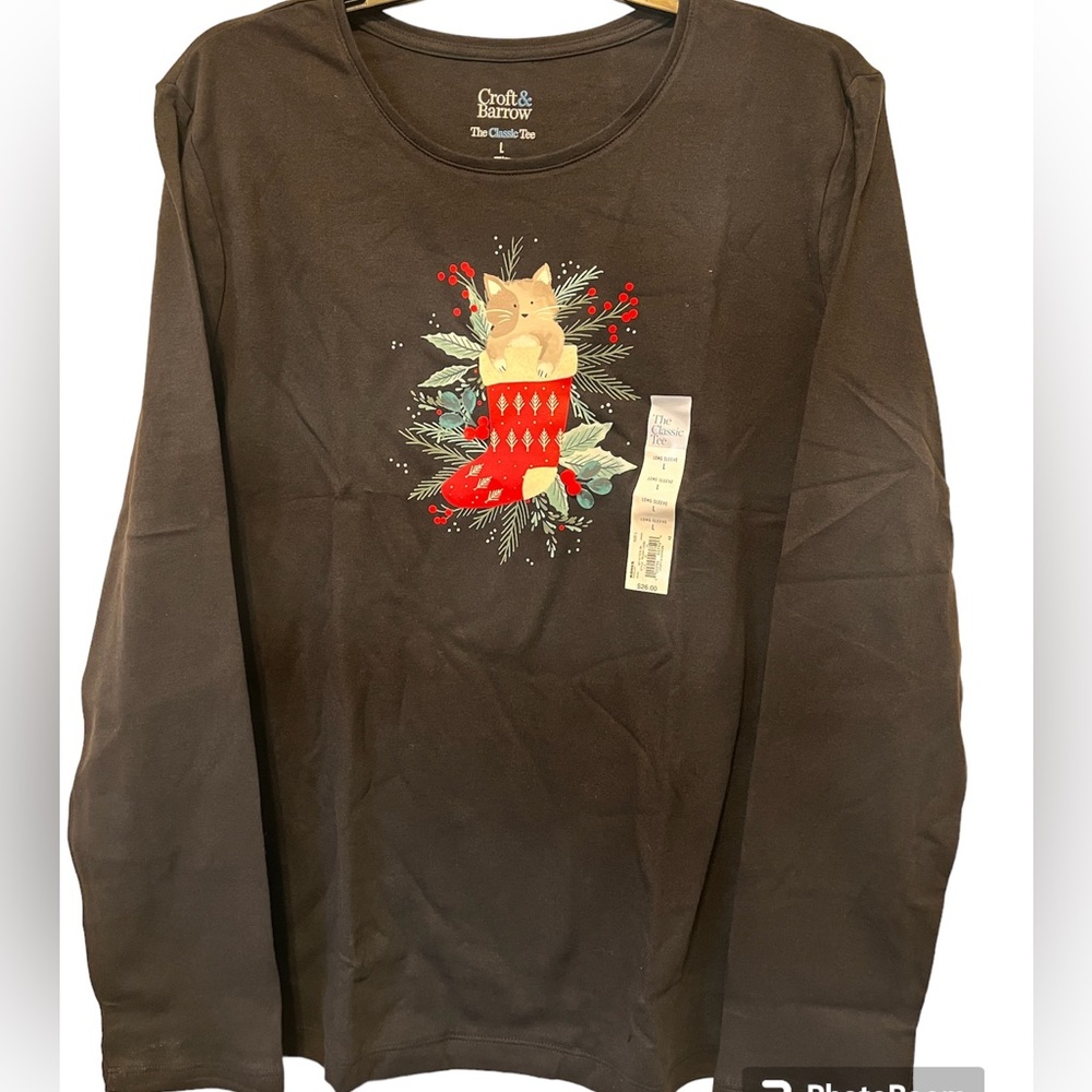 Croft & Barrow Classic Tee Christmas Black Long Sleeve T Shirt Size Large NWT